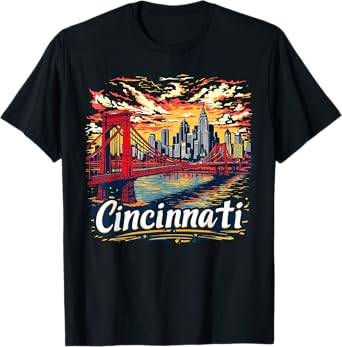 Vintage Cincinnati Ohio Sunset Skyline Cityscape T-Shirt