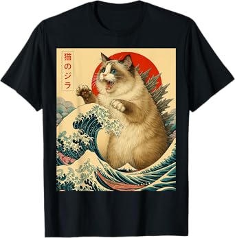 Ragdoll Catzilla Great Wave Funny Japanese Art Catzilla Tee T-Shirt