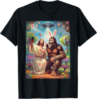 Bigfoot Bunny Funny Easter Jesus Sasquatch Selfie UFO Alien T-Shirt