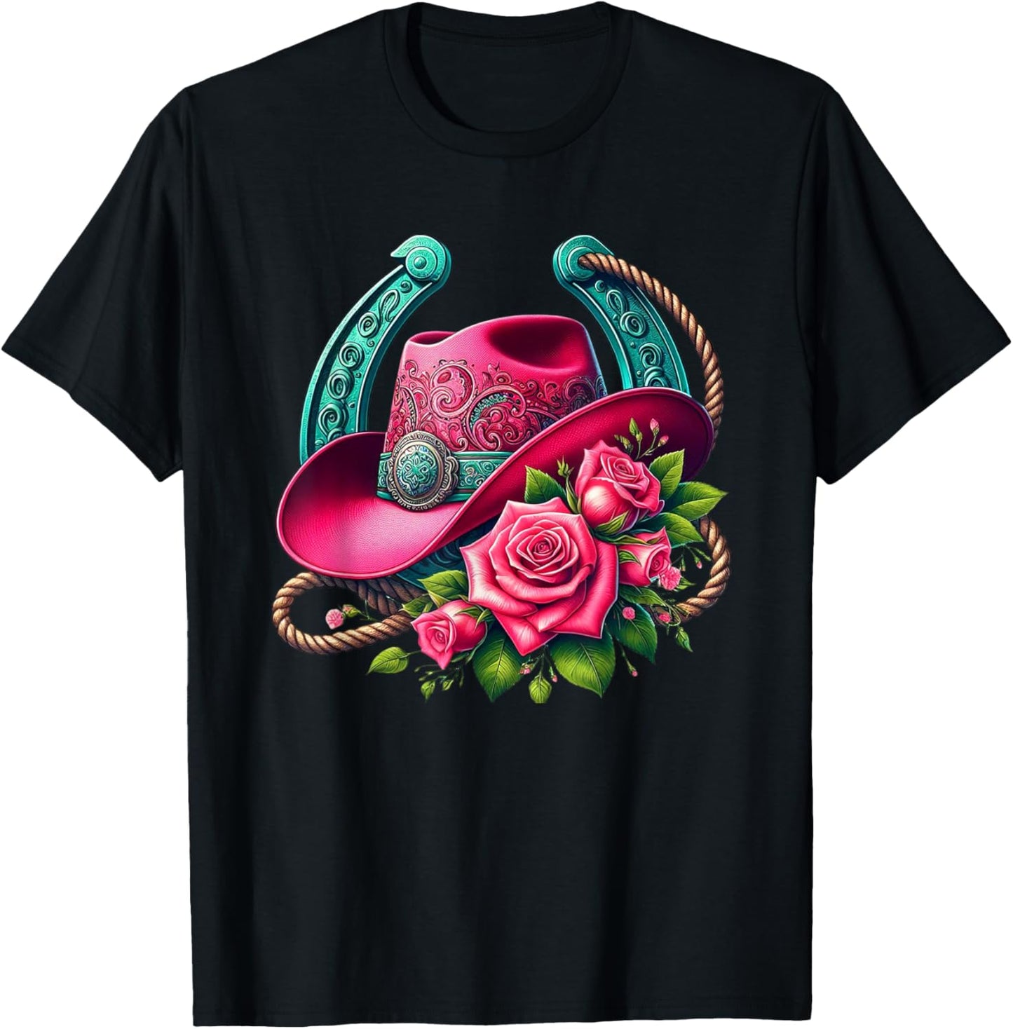 Pink Western Cowgirl Hat Boho Style with Rose Floral T-Shirt