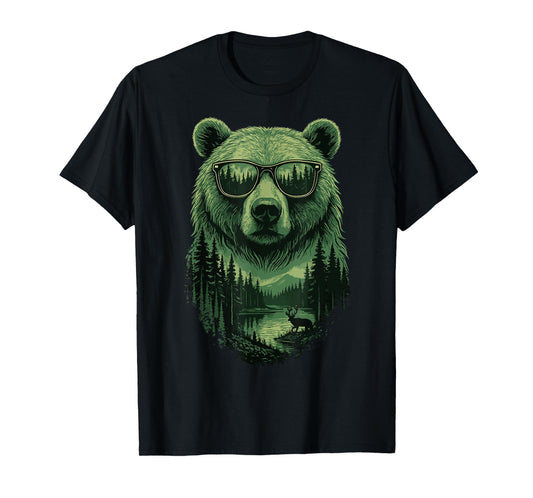 Bear Sunglasses Wildlife Deer Campfire Nature Vintage Forest T-Shirt