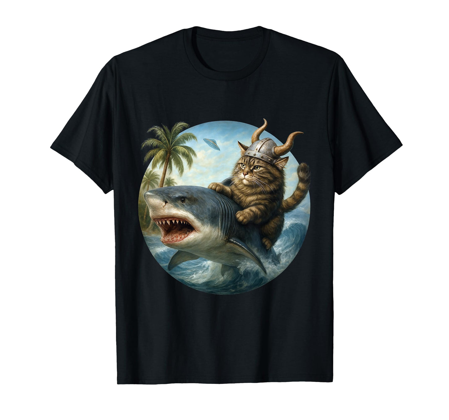 Epic Viking Cat Surfing Shark Quirky Cat Ocean Adventure Art T-Shirt