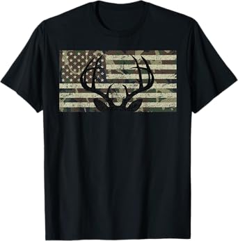 Deer Hunting Camo American Flag Buck Antlers Hunter Country T-Shirt