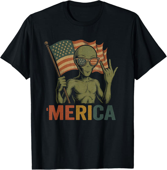 Alien Ufo Merica Rock American Flag Patriotic 4th Of July T-shirt