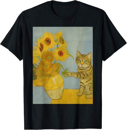 Funny Van Gogh Sunflowers Tabby Cat Art Tee T-Shirt