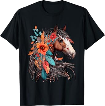Floral Wild Horse Country Horse Riding T-Shirt, Small, Black