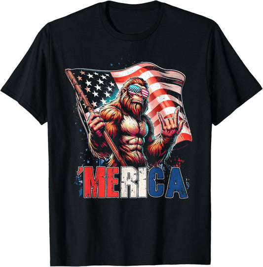 Bigfoot Merica Rock American Flag Patriotic 4th Of July T-shirt