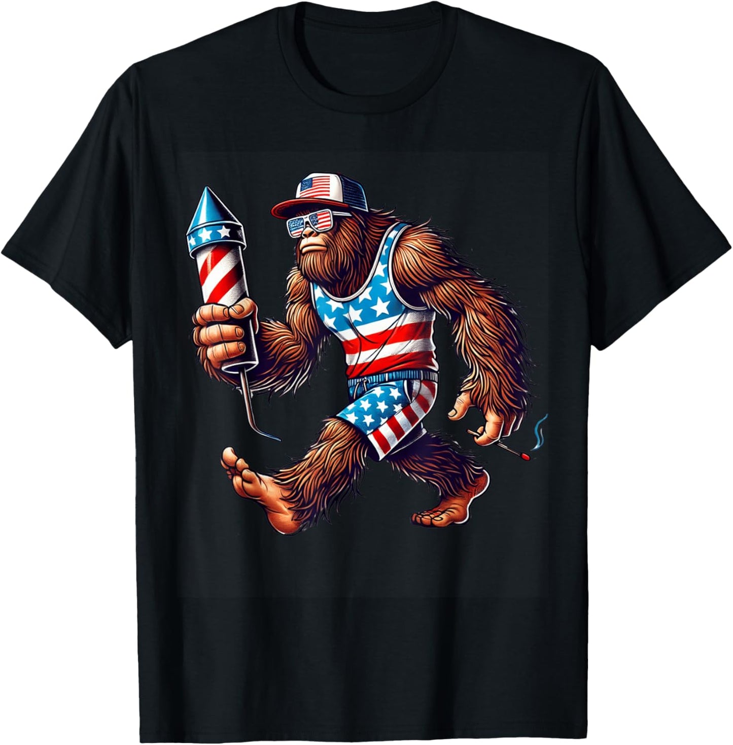 Bigfoot Fireworks 4th of July Men Sasquatch US Flag Men Boys T-Shirt