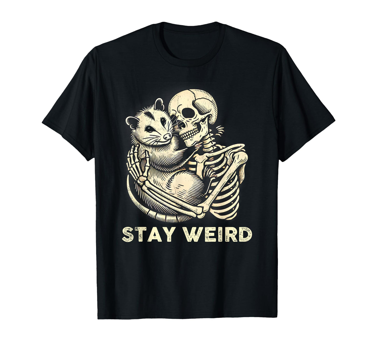 Skeleton Hugging Opossum Stay Weird Vintage Humor Possum T-Shirt