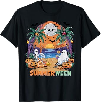 Summerween Skeleton Beach Party Halloween Vibes T-Shirt