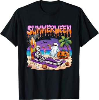 Summerween Skeleton Ghost Beach Funny Spooky Halloween T-Shirt
