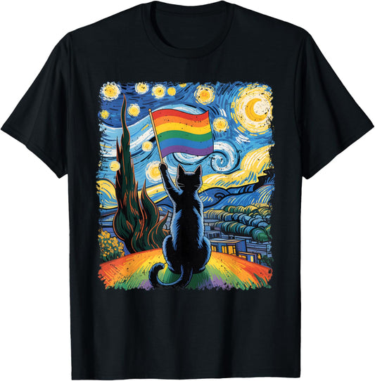 Gay Pride Cat Art Cat Starry Night Style LGBTQ Pride Support T-Shirt