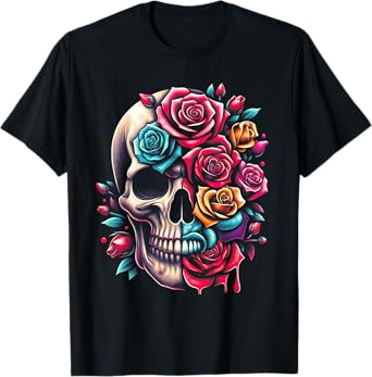 Half Flower Half Skull Sugar Roses for Women Girls Halloween T-Shirt