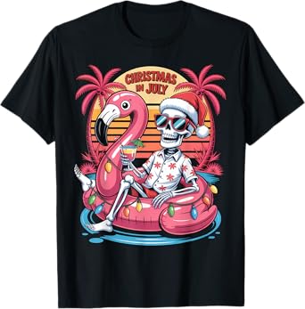 Christmas in July Skeleton Flamingo Float Summer Xmas T-Shirt