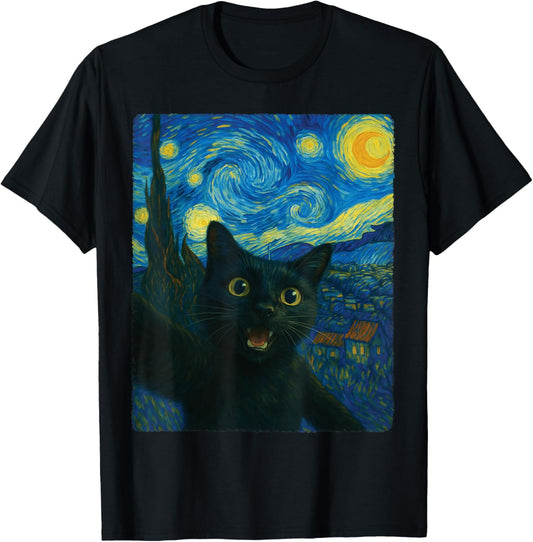 Starry Night Black Cat Van Gogh Cat Selfie Cat Graphic T-Shirt