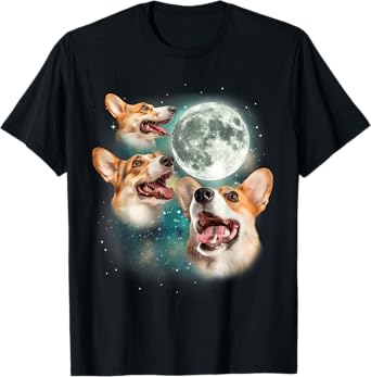 Three Corgi Moon | 3 Cute Corgi Pups Howling Dog Meme Canine Men Women T-Shirt