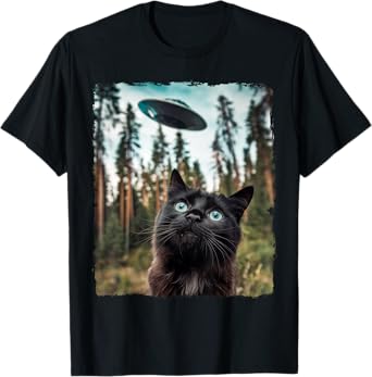 Black Cat Selfie With Alien UFO Cat Gifts For Men Women Kid T-Shirt