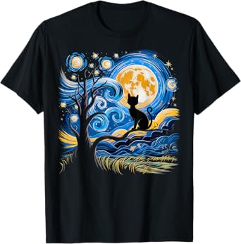 Cat Starry Night Van Gogh Gifts Cat Mom Cat Dad Cat Lover T-Shirt