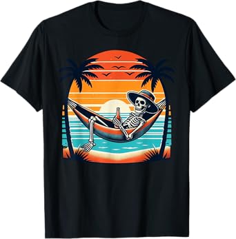 Tropical Beach Vacation Skeleton Summer Drinking Skeleton T-Shirt for Men Women