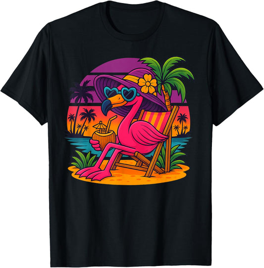 Beach Palm Summer Sunset Vacation Funny Flamingo T-Shirt