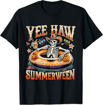 Yee Haw Summerween Cowboy Skeleton Western Halloween Tee T-Shirt