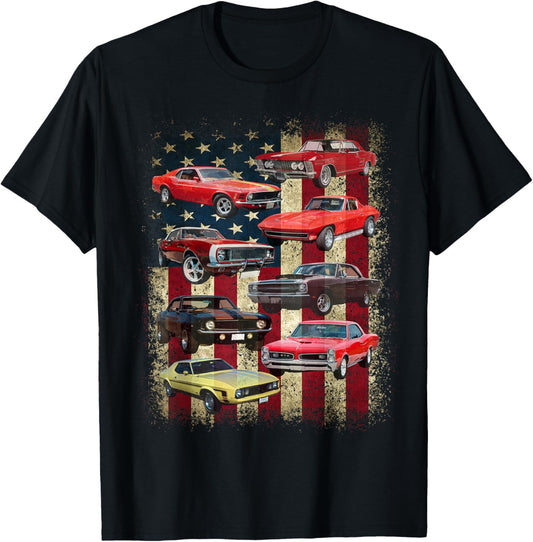 Vintage Classic Muscle Car Retro American Flag Patriotic T-Shirt