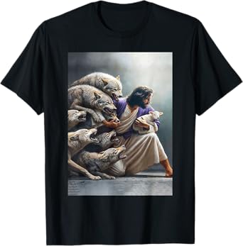 Jesus Protects The Lamb From Wolves Paint Art Religion T-Shirt