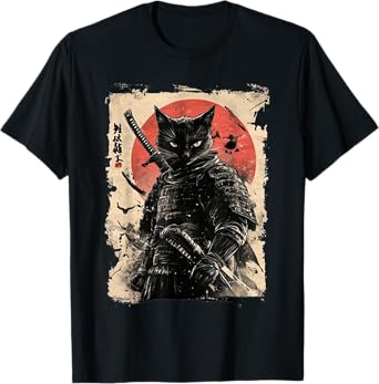 Vintage Japanese Art anime graphic samurai cat warrior T-Shirt for Men Women Kids