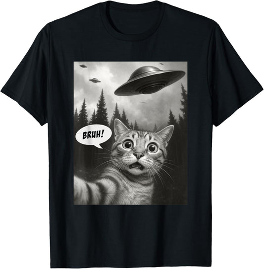 Funny Cat Bruh For Teens Boys Meme Cat Selfie with UFOs T-Shirt