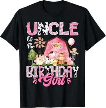 Uncle Of The Birthday Girl Pink Farm Cow First Birthday T-Shirt