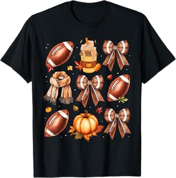 Coffee Football Coquette Bow Fall Vibes Pumpkin Thanksgiving T-Shirt