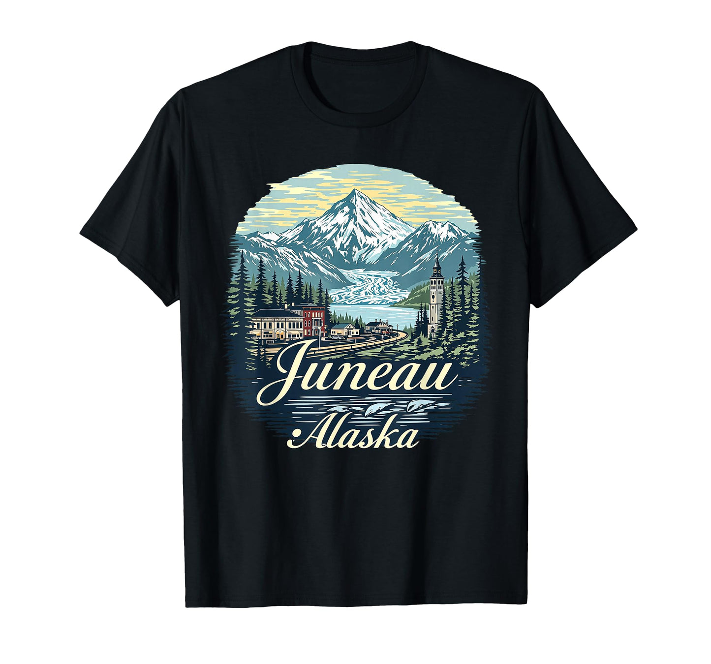 Vintage Juneau Alaska Sunset Skyline Mountains Cityscape T-Shirt