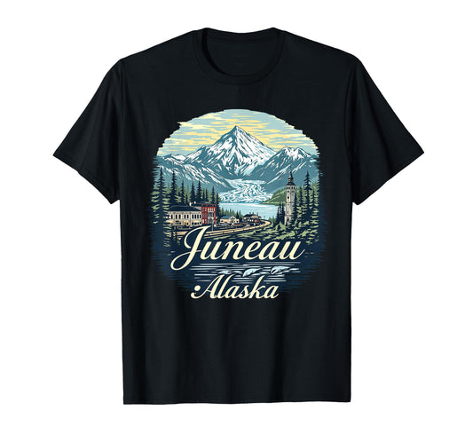 Vintage Juneau Alaska Sunset Skyline Mountains Cityscape T-Shirt