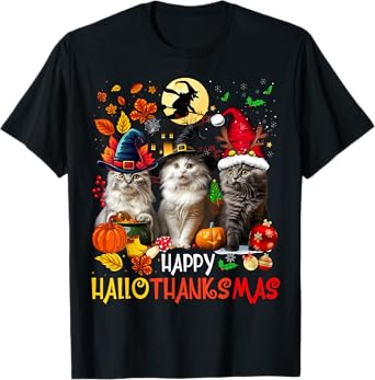Halloween Thanksgiving Christmas Happy HalloThanksMas Cats T-Shirt