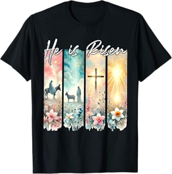 He Is Risen Flowers Easter Aesthetic Jesus Cross Christian T-Shirt