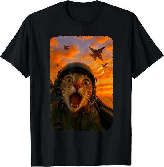 Funny Screaming Cat Fighter Jet Pilot Kitty Selfie T-Shirt