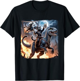 Epic Cat Riding Dinosaur with Sword n Beer Adventure Action T-Shirt
