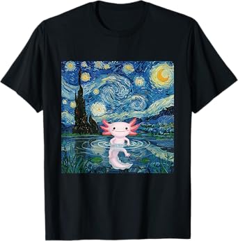 Adorable Axolotl Kawaii Van Gogh Style Starry Night Graphic T-Shirt