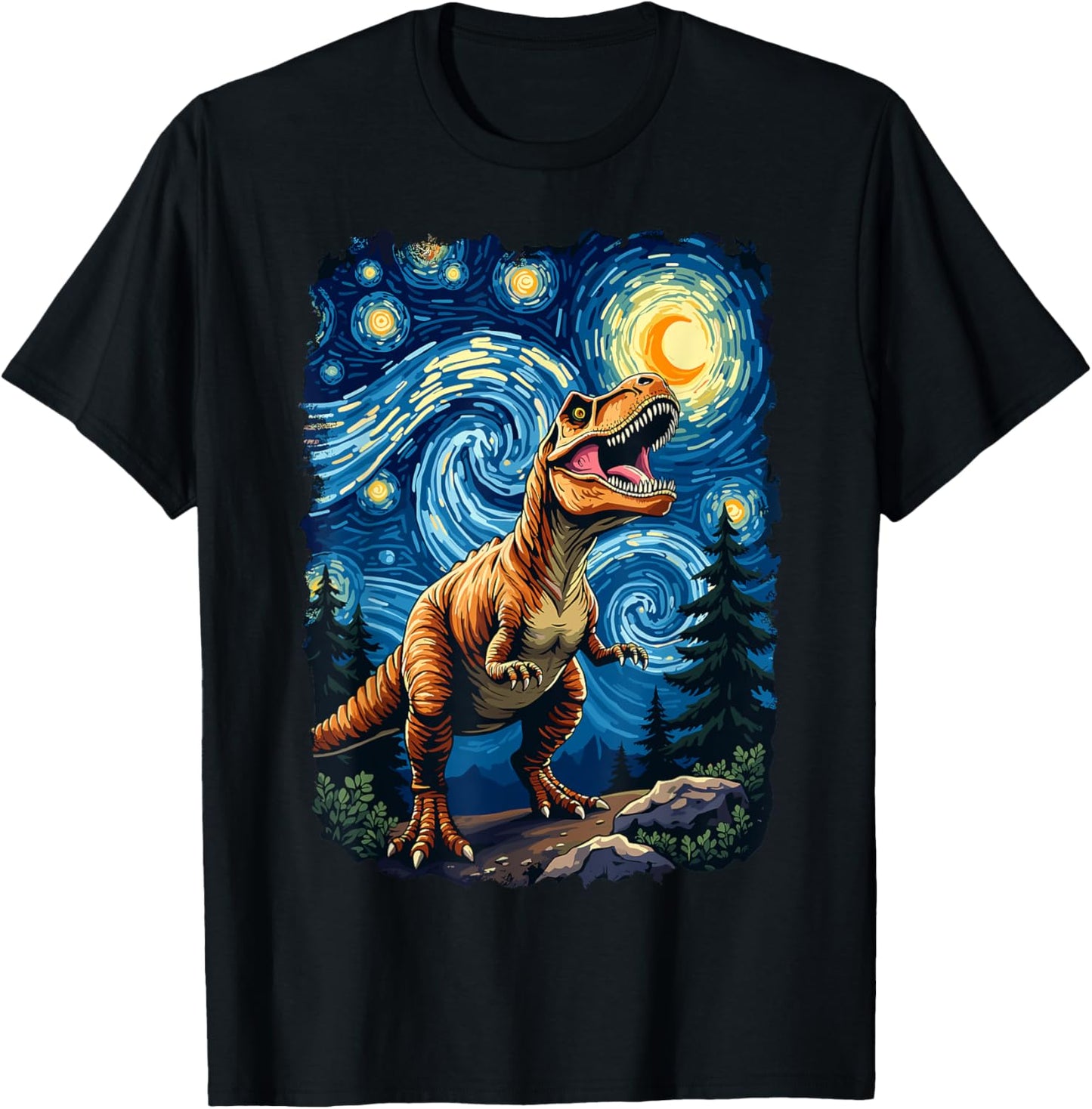 T-Rex Dinosaur Prehistoric Starry Night Van Gogh Dino Art T-Shirt