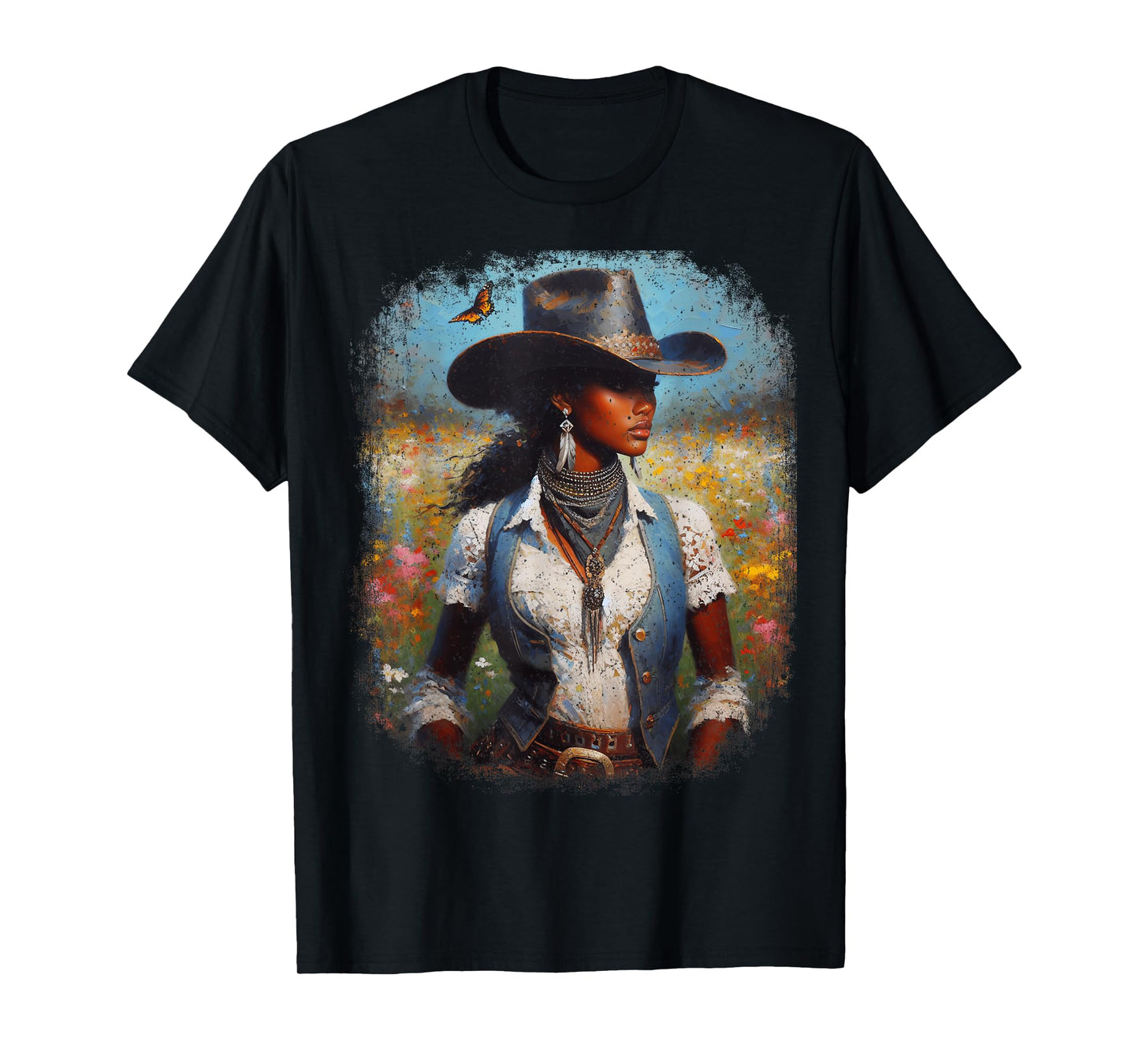 Black Cowgirl Painting Art Western Rodeo Melanin Black Woman T-Shirt