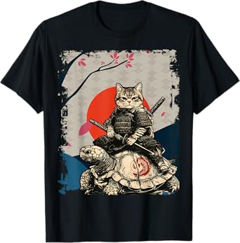 Japanese Ninja Art and Japan Samurai Cat on Turtle T-Shirt for Men Women Kids