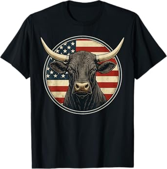 Cowboy Rodeo Bull Distressed American Flag Western T-Shirt