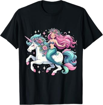 Mermaid Riding A Unicorn Boys Girls Men Women Kids Adults T-Shirt