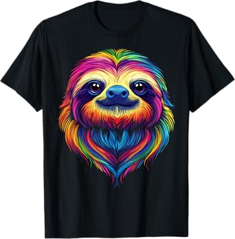 Colorful Sloth Face Cute Rainforest Jungle Animals Black T-Shirt