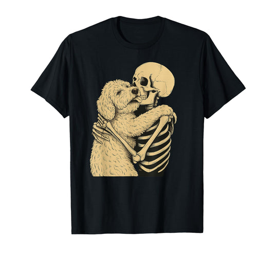 Skeleton Hugging Doodle Dog Halloween T-Shirt
