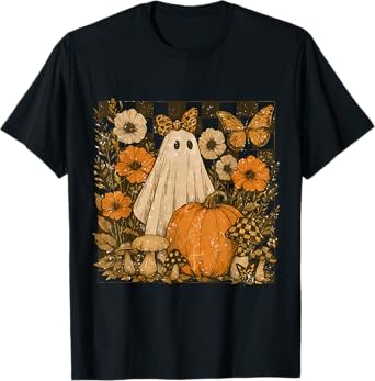 Vintage Halloween Ghost And Pumpkin Floral Women T-Shirt