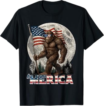 Bigfoot American Flag Funny 4th Of July Men Rock Sasquatch T-Shirt