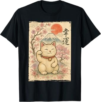Japanese Anime Maneki Neko Waving Cat Good Luck Kanji Lucky T-Shirt