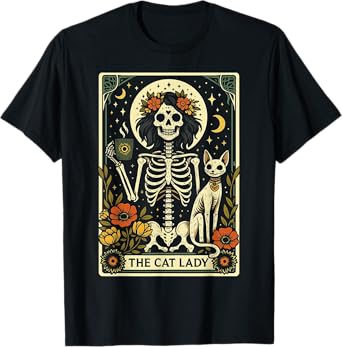 Mystic Skeleton The Cat Lady With Coffee Tarot Card Vibes T-Shirt