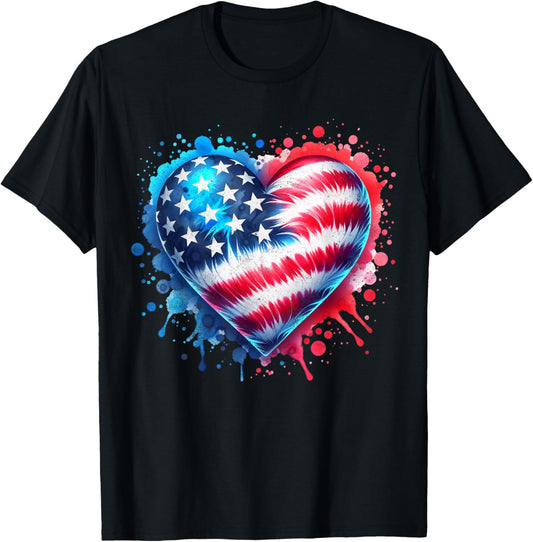 Tie Dye Heart Usa Flag Colors Blue, Red & White 4th Of July T-shirt